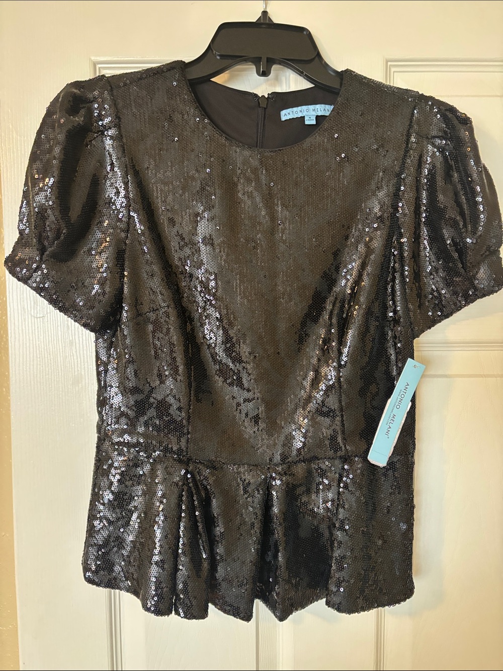 ANTONIO MELANI Black Sequin Peplum Short Sleeve Top